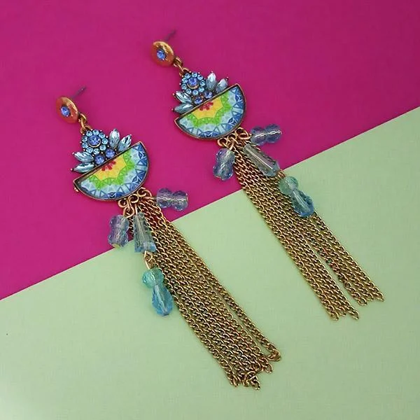 women’s Christmas earrings-Urthn Blue Stone Chain Drop Tassel Earrings - 1311825A