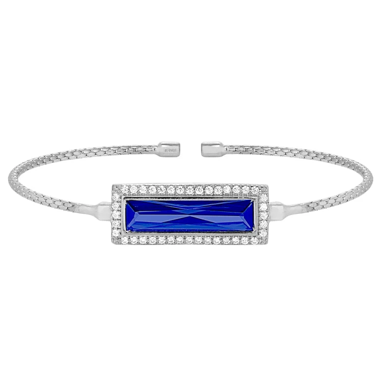 women’s gold bracelets-Rhodium Finish Sterling Silver Cable Cuff Bracelet with Rectangular Simulated Sapphire Stone and Simulated Diamonds