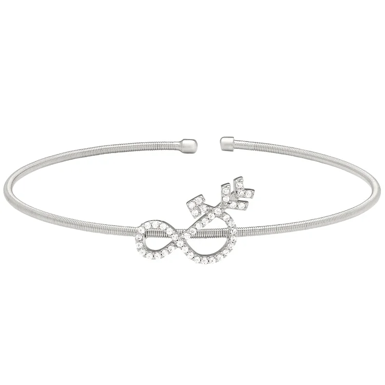 women’s statement bracelets-Rhodium Finish Sterling Silver Cable Cuff Ampersand Bracelet with Simulated Diamonds