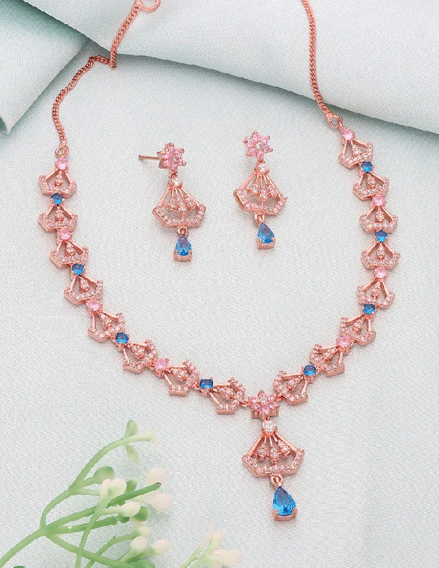 women’s friendship necklaces-Floral Design Rose Gold Zirconia Necklace Set