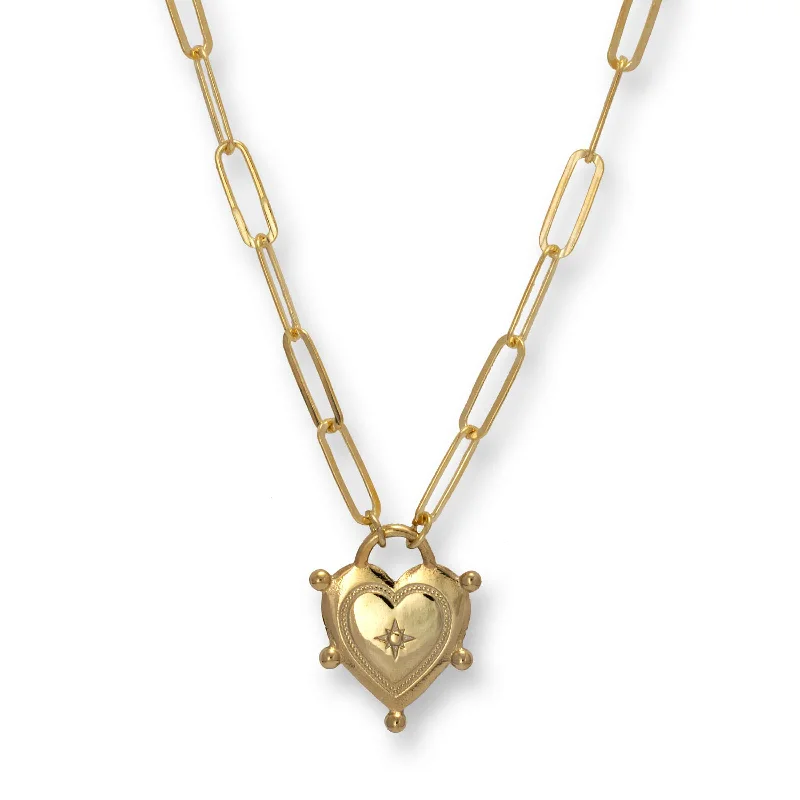 women’s trendy necklaces-Heart Lock on Paperclip Necklace, Gold Plated