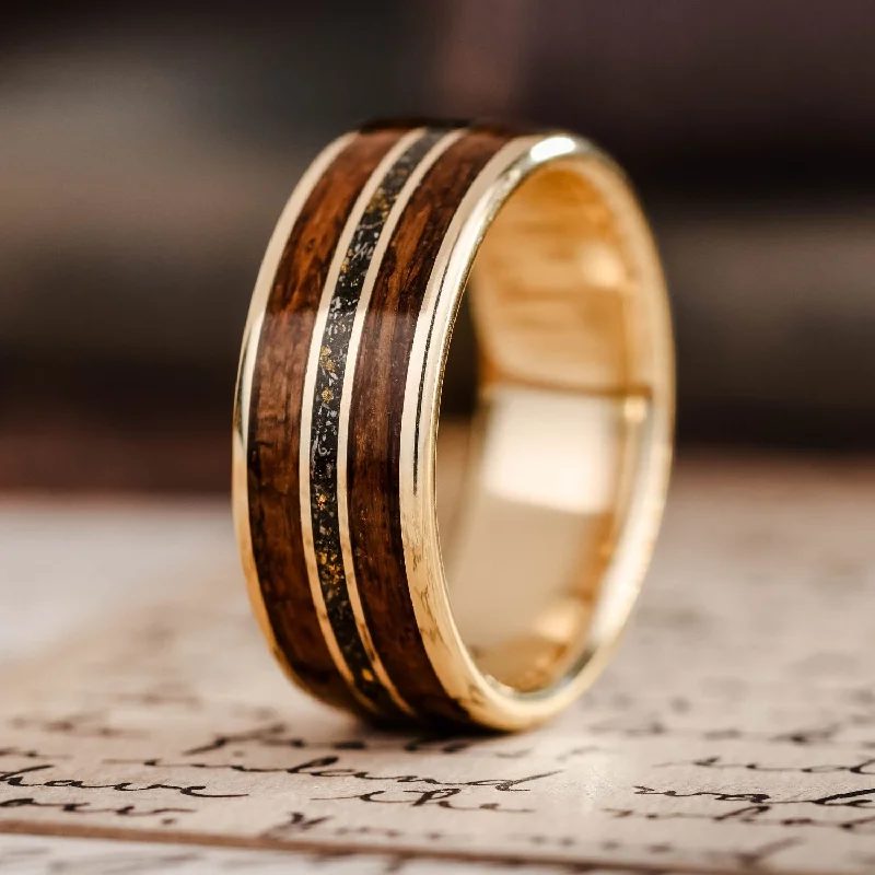 women’s double halo engagement rings-The Navigator | Men's Gold Wedding Band with Meteorite & USS New Jersey Battleship Teak Wood