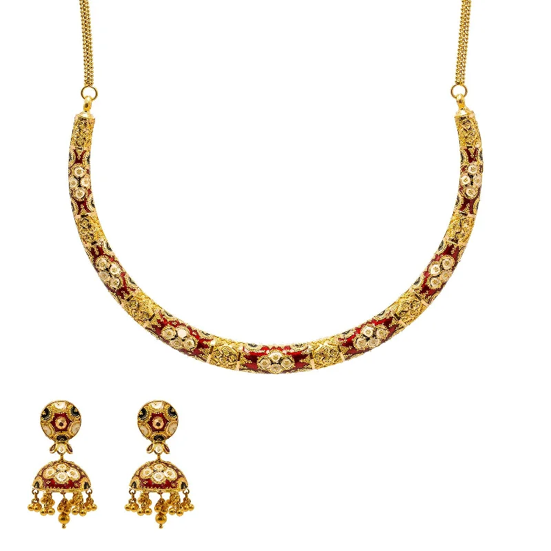 women’s nature-inspired necklaces-22K Yellow Gold Necklace & Jhumki Earrings Set W/ Meenakari Hand Paint & Beaded Filigree