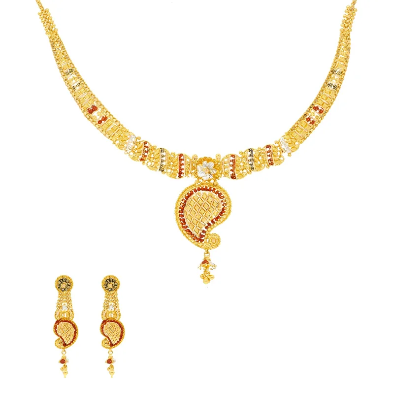 women’s birthday necklaces-22K Yellow Gold Meenakari Necklace & Earring Set W/ Mango Shaped Pendant