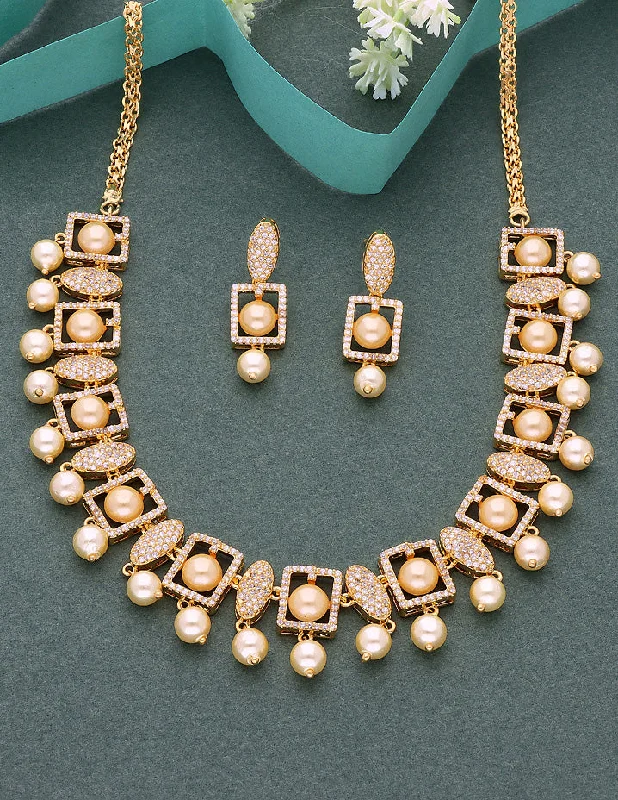 women’s religious necklaces-Designer Zirconia Gold Pearl Necklace Set