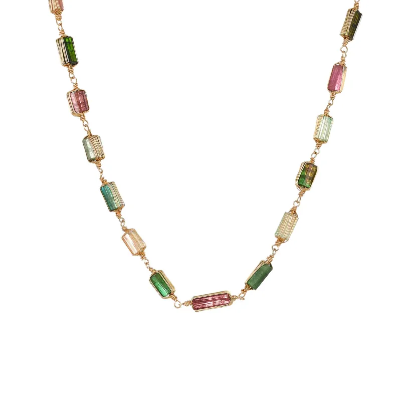 women’s chain necklaces-Multicolor Tourmaline Bead Necklace, Yellow Gold Plating