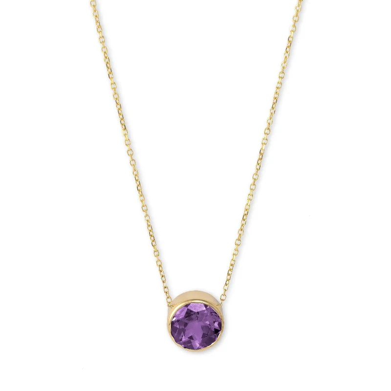 women’s chic necklaces-Round Amethyst Necklace, 8 MM, 14K Yellow Gold