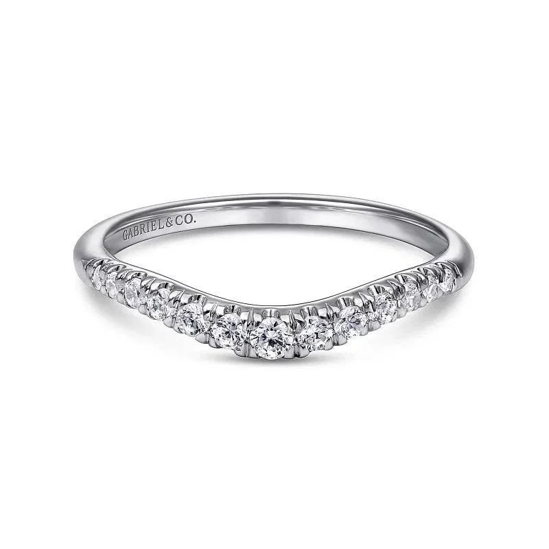 women’s flower design engagement rings-Curved 14K White Gold French Pave Diamond Wedding Band