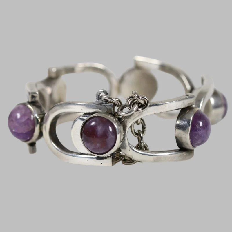 women’s diamond bracelets-Antonio Pineda Bracelet | Taxco Mid-Century Modernist Horseshoe-Link Amethyst | Vintage 970 Sterling Silver Mexico