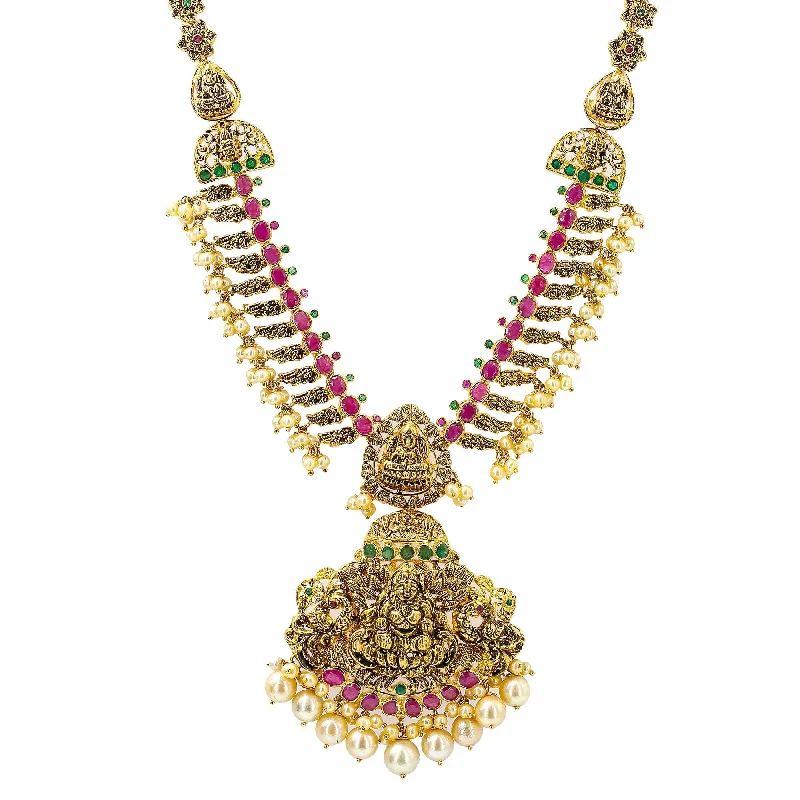 women’s rhinestone necklaces-22K Yellow Antique Gold Laxmi Necklace W/ Rubies, Emeralds, Pearls & Double Laxmi Pendants