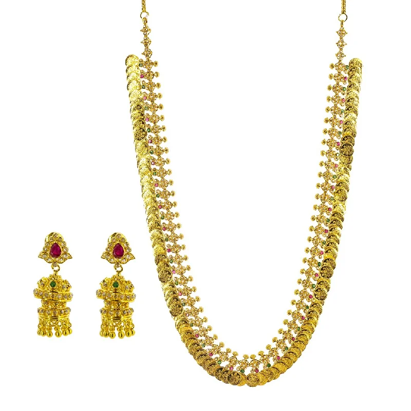 women’s trendy necklaces-22K Yellow Gold Uncut Diamond Laxmi Necklace & Earrings Set W/ 14.15 ct Uncut Diamonds, Emeralds & Rubies