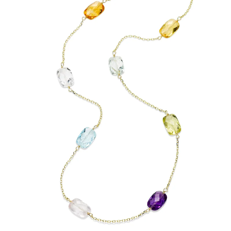 women’s friendship necklaces-Faceted Multi Stone Station Necklace, 36 Inches, 14K Yellow Gold