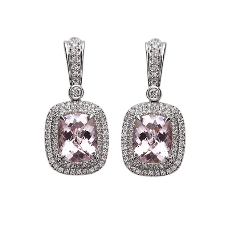 women’s crystal stud earrings-Morganite and Diamond Double Halo Cushion Drop Earrings