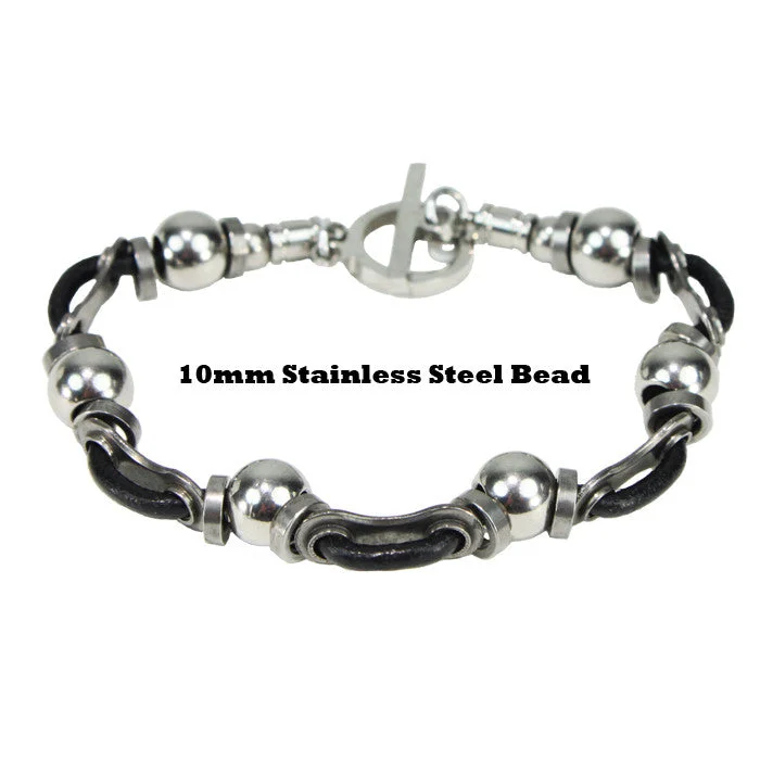 women’s sparkly bracelets-Stainless Steel Leather Link & Bead Bracelet - Wholesale