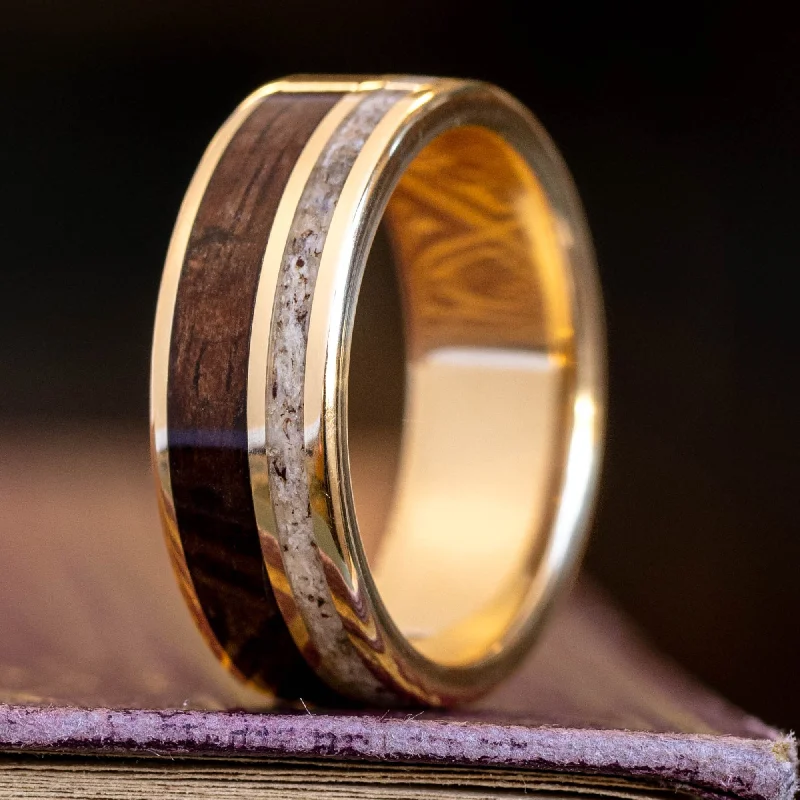 women’s vintage-inspired engagement rings-The High Country in Gold | Men's Gold Elk Antler Wedding Band with Walnut Wood