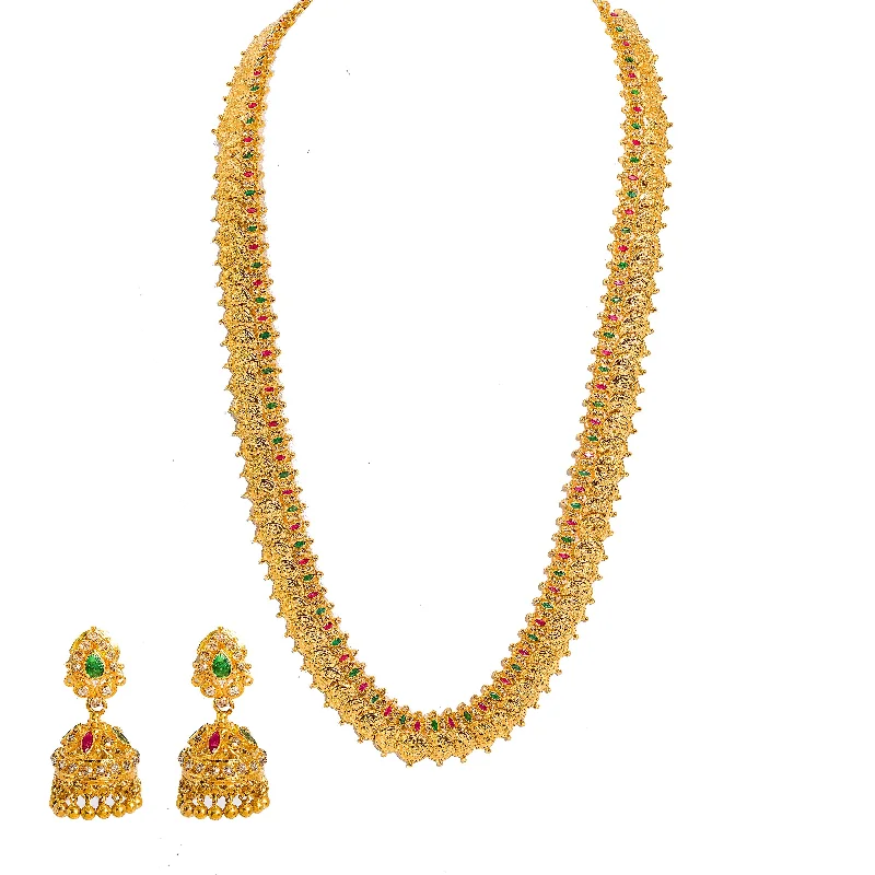 women’s charm necklaces-22K Yellow Gold Diamond Necklace & Jhumki Drop Earrings Set W/ 8.03ct Uncut Diamonds, Rubies, Emeralds & Laxmi Kasu