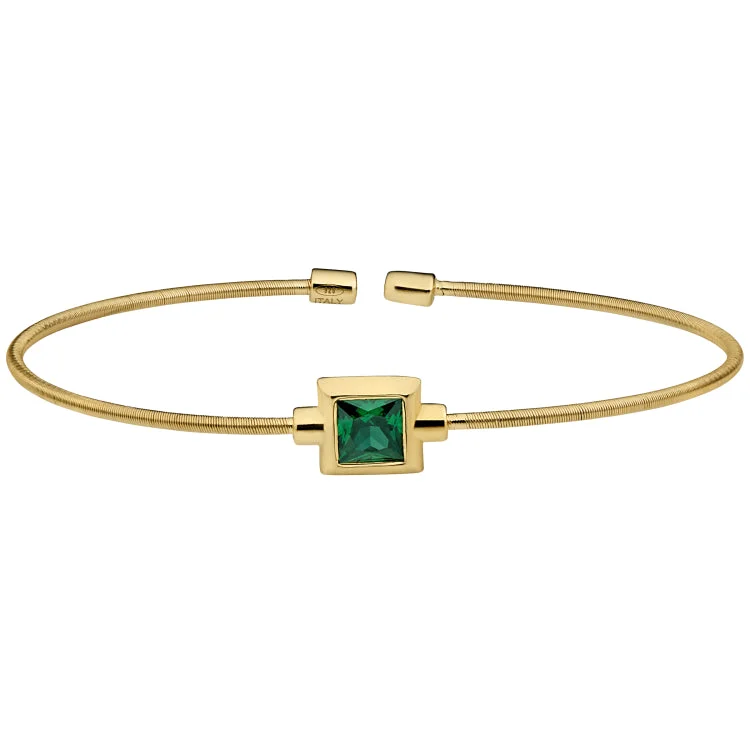 women’s luxury bracelets-Gold Finish Sterling Silver Cable Cuff Bracelet with Princess Cut Simulated Emerald Birth Gem