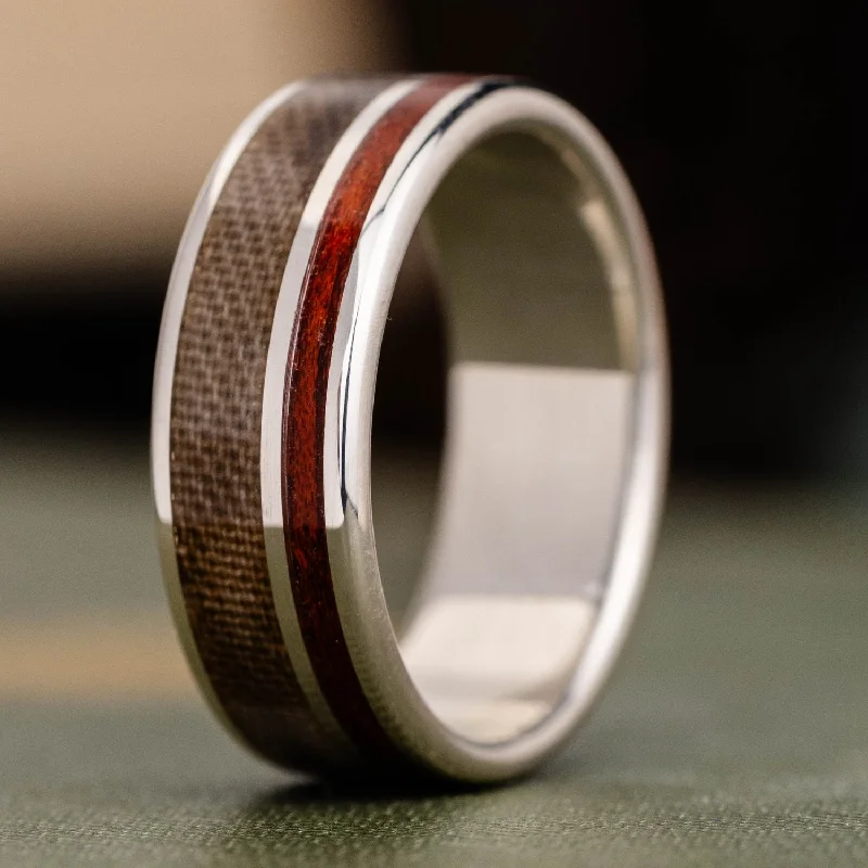 women’s matching wedding rings and engagement rings-The Leatherneck in Silver | Men's Silver Wedding Band with Marine Desert MARPAT Uniform & Bloodwood Inlays