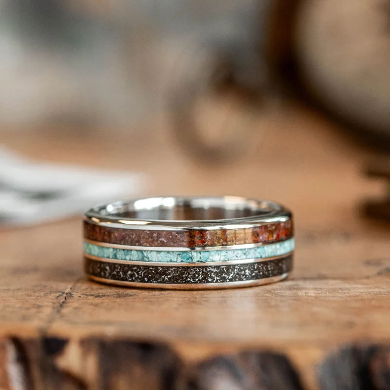 women’s non-traditional engagement rings-The Solstice | Men's Gold Wedding Band with Meteorite, Dinosaur Bone & Turquoise