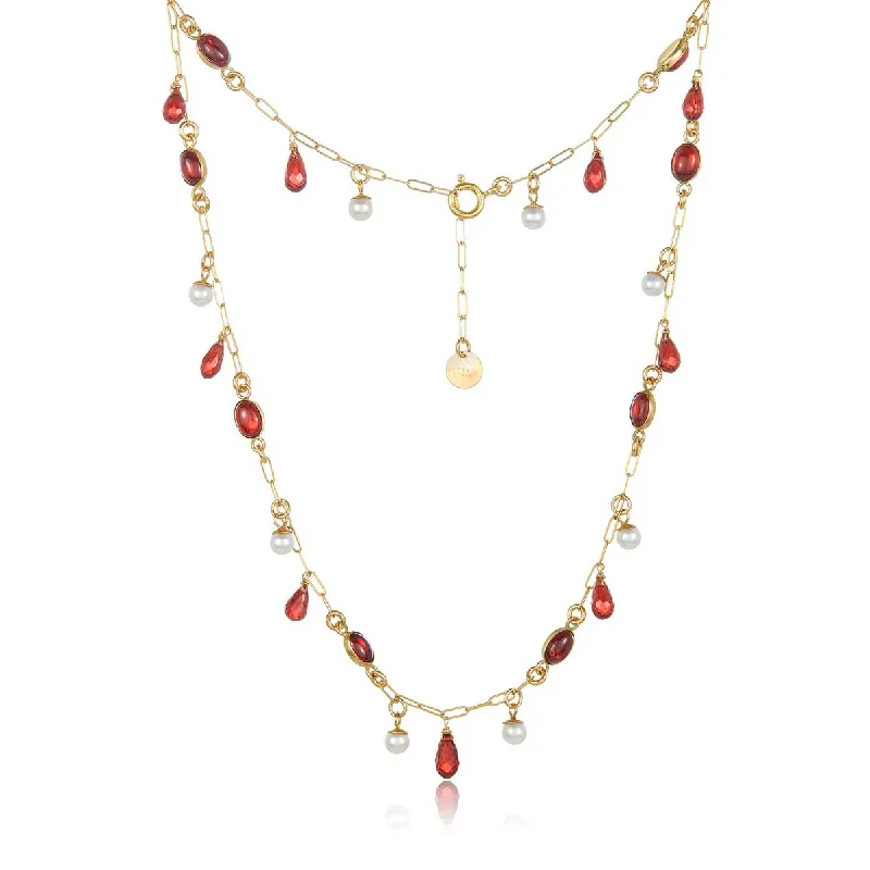 women’s pearl necklaces-Garnet and Pearl Drop Necklace, Sterling with Gold Plating