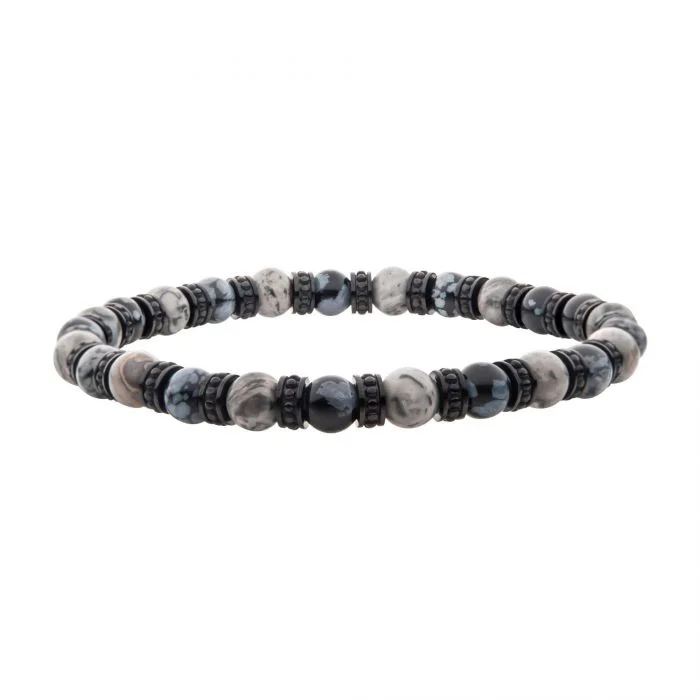 women’s luxury bangles-6.5mm Grey Jasper Stones with Snowflake Obsidian Stone Beads 8" Bracelet BR42285PJ