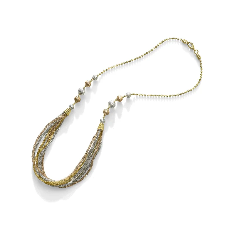 women’s silver and gold necklaces-22K Multi Tone Necklace W/ Rose, White & Yellow Gold Draping Link Chains