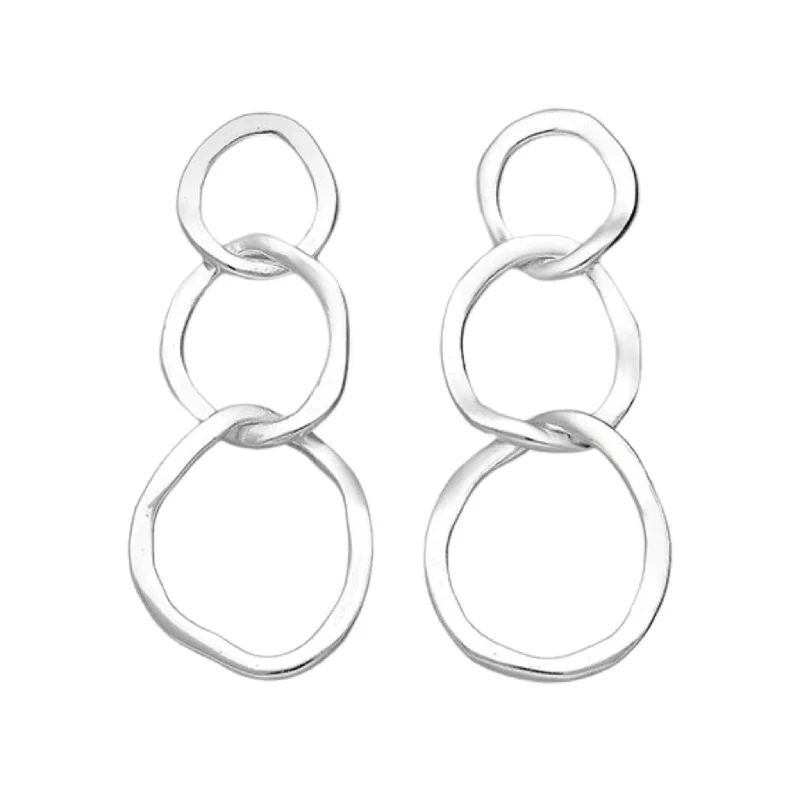 women’s silver hoop earrings-Three Hammered Link Stud Earrings In Sterling Silver