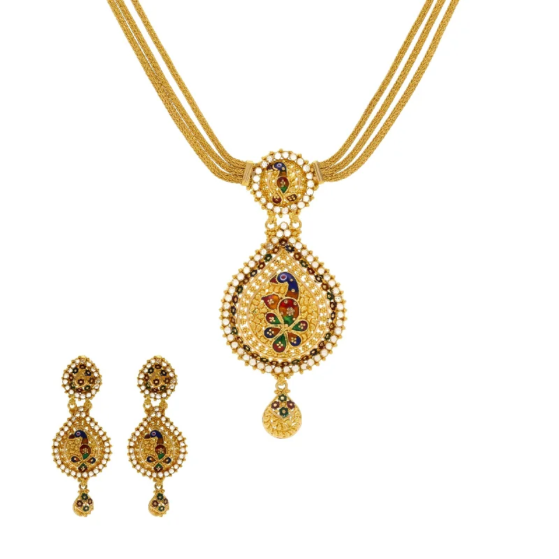 women’s rhinestone necklaces-22K Patterned Yellow Gold CZ Necklace with Earrings Set