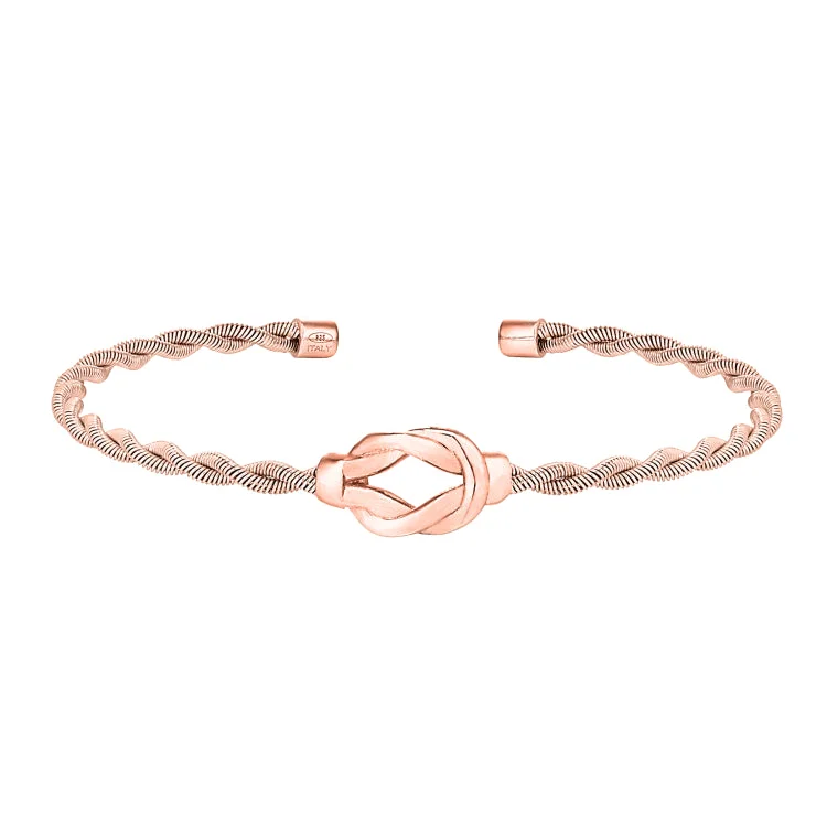 women’s vintage bracelets-Rose Gold Finish Sterling Silver Thin Tightly Twisted Cable Cuff Bracelet with Central Open Knot