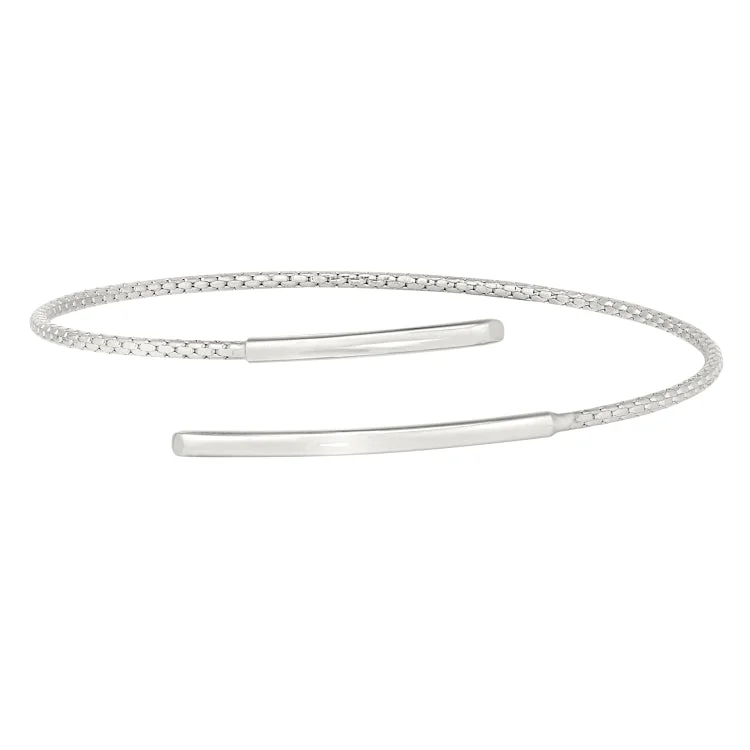 women’s leather bangles-Rhodium Finish Sterling Silver Corean Cable Cuff Bracelet with a Polished Bar on Each End.