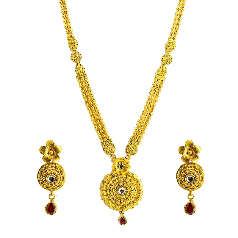 women’s moon necklaces-22K Yellow Gold Necklace & Earrings Set W/ Kundan & Matte Finish Round Pendants