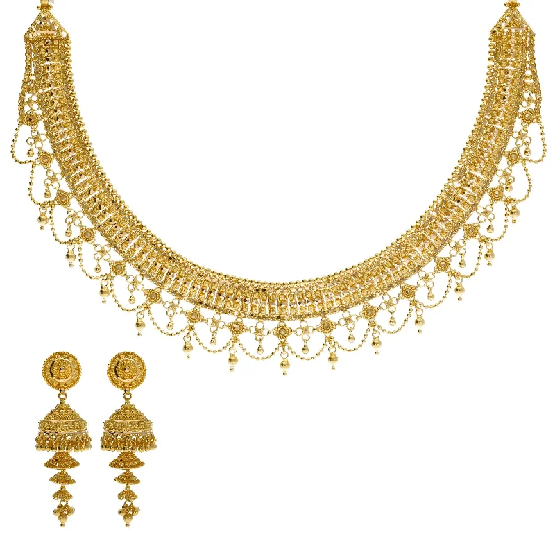 women’s statement pendant necklaces-22K Yellow Gold Necklace & Jhumki Earrings Set W/ Beaded Filigree & Chandelier Egyptian Collar