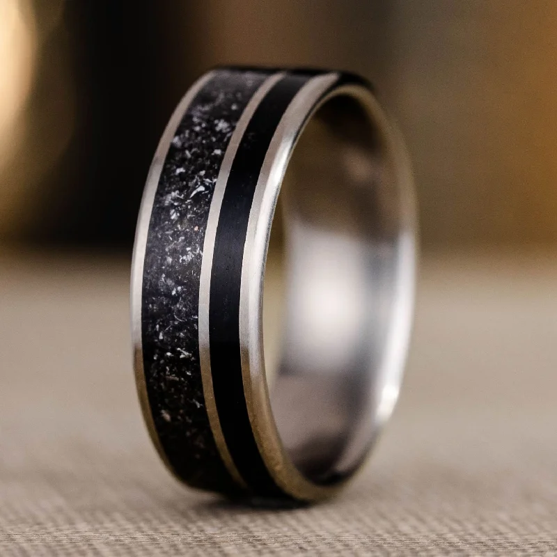 women’s gemstone engagement rings-The Dark Star | Men’s Titanium Wedding Band with Black Meteorite & Whiskey Barrel Wood