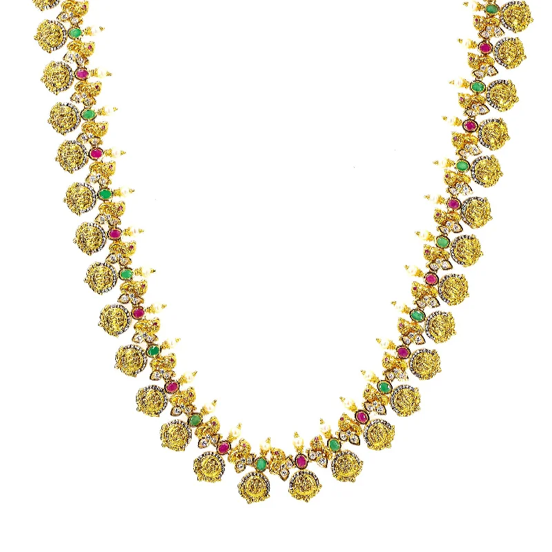 women’s infinity necklaces-22K Yellow Antique Gold Ram Parivar Kasu Necklace W/ Rubies, Emeralds, Pachi CZ, Pearls & Fringed Adjustable Drawstring Closure