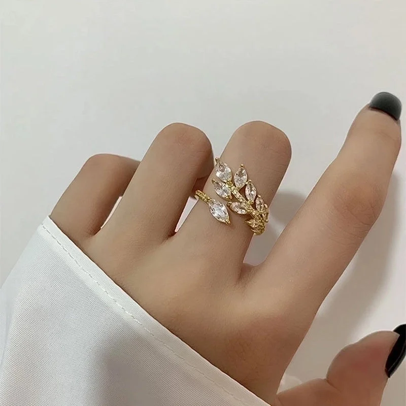 29# Open Ring-Real Gold Electroplated Zircon Leaves