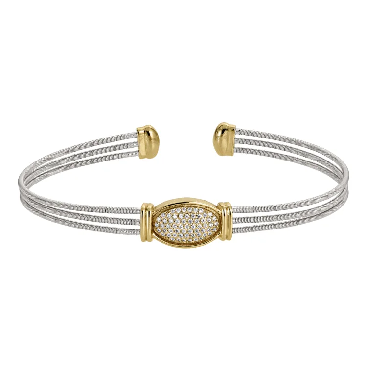 women’s infinity bracelets-Rhodium Finish Sterling Silver Three Cable Cuff Bracelet with Gold Finish Simulated Diamond Oval