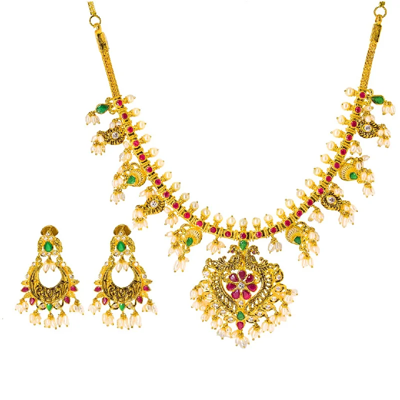 women’s charm pendant necklaces-22K Yellow Gold Antique Guttapusalu Necklace and Earrings Set W/ Emeralds, Pearls, CZ, Rubies & Peacock Accents