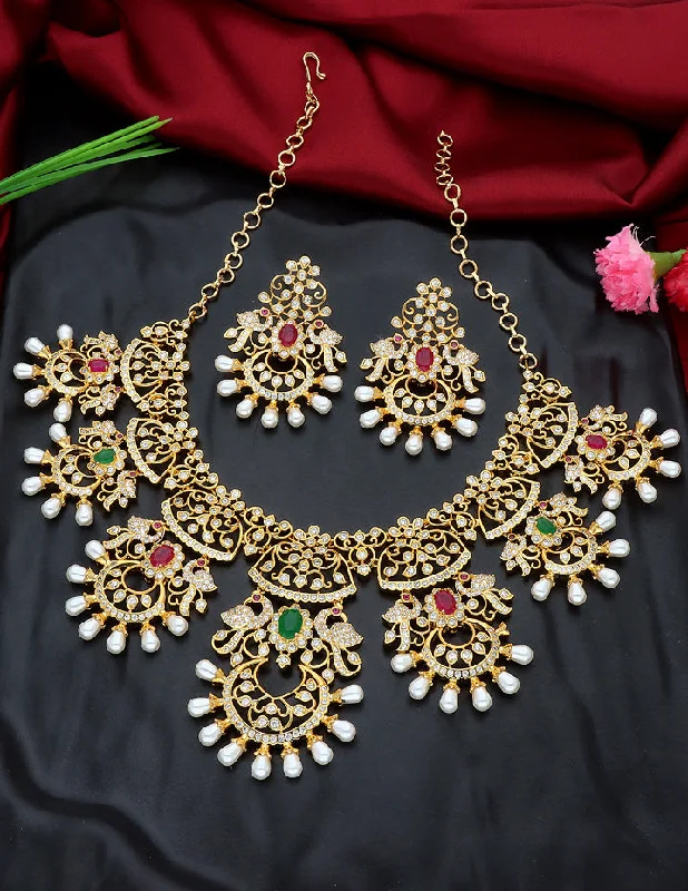 women’s adjustable necklaces-Designer Floral Pattern Zirconia Necklace Set