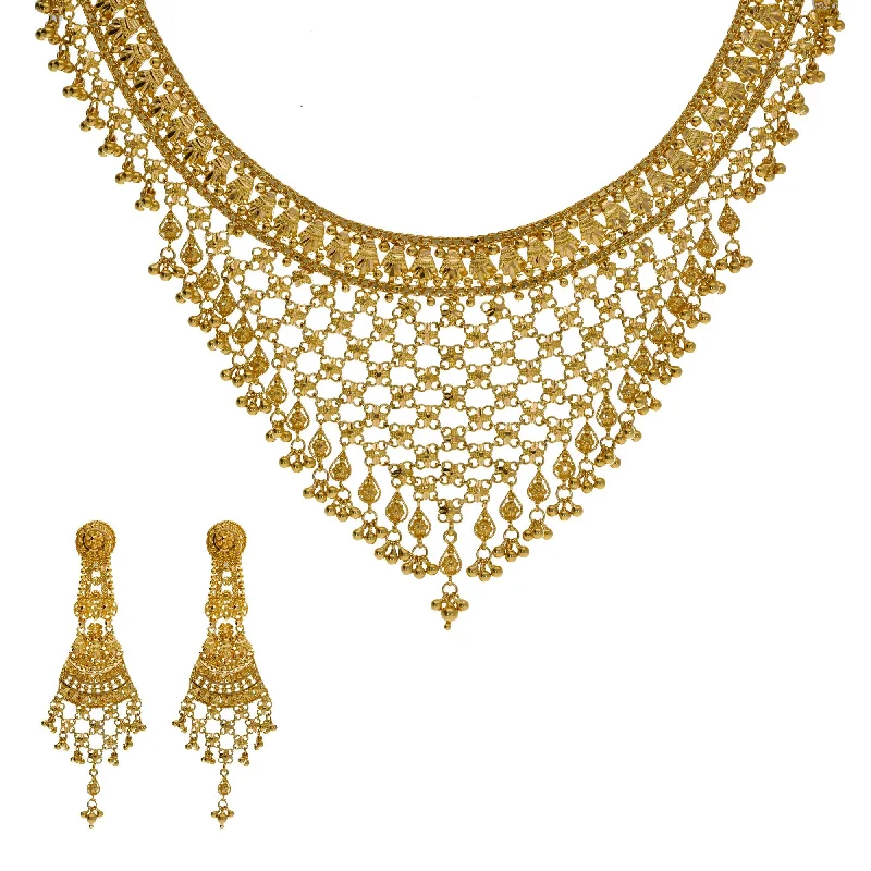 women’s silver charm necklaces-22K Yellow Gold Necklace & Earrings Set W/ Hanging Floral Maille Design