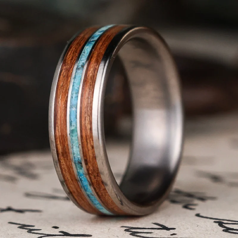 women’s stylish engagement rings-The Arizonan | Men's Titanium Wedding Band with Arizona Mesquite Wood & Turquoise