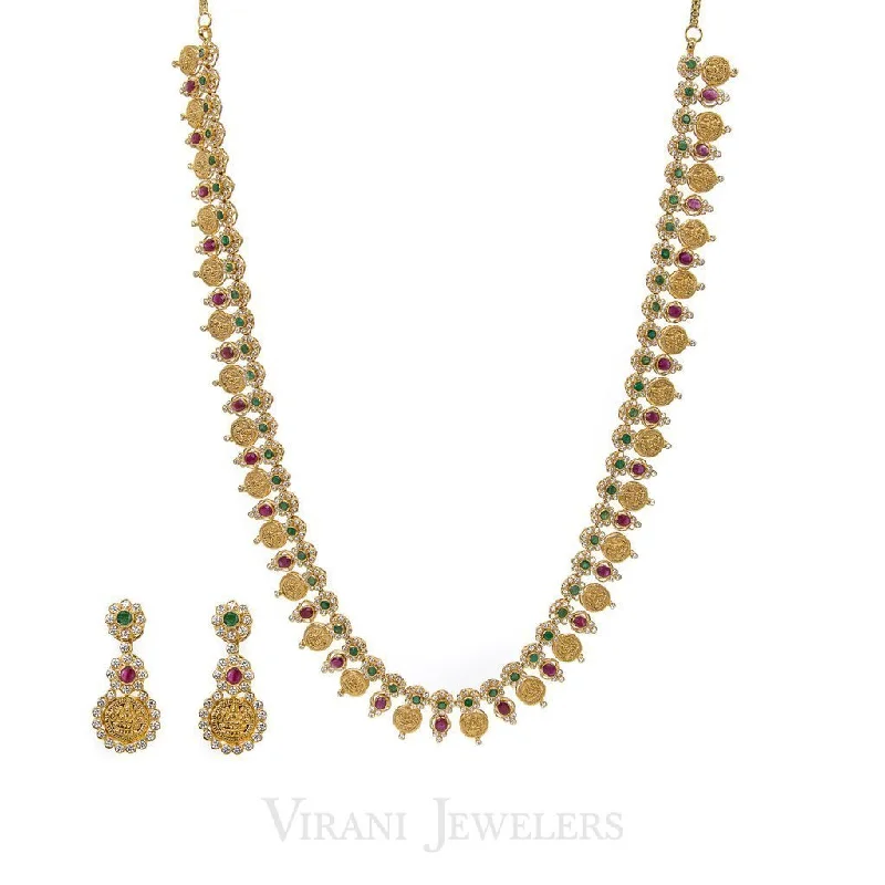 women’s gold-plated necklaces-22K Gold CZ, Ruby, Emerald Necklace and Earrings Set