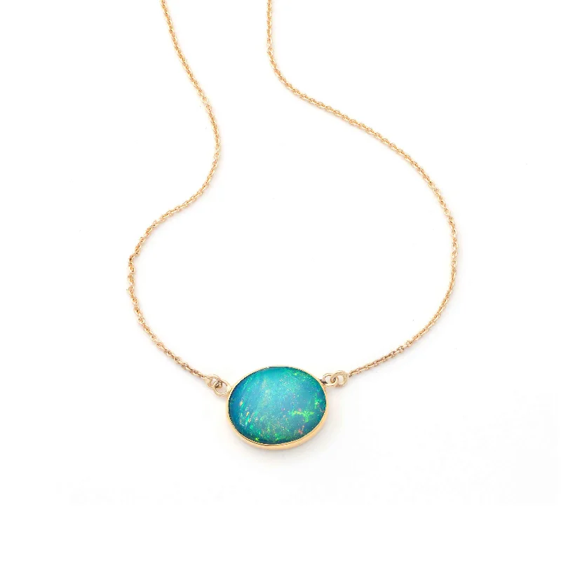 women’s adjustable necklaces-Oval Ethiopian Opal Necklace, 14K Yellow Gold