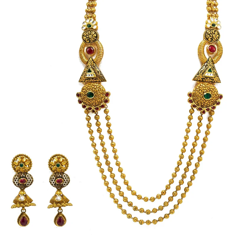 women’s custom-designed necklaces-22K Yellow Gold Temple Necklace & Earrings Set W/ Rubies, Emeralds, Kundan, Geometric Accents & Draped Beaded Strands