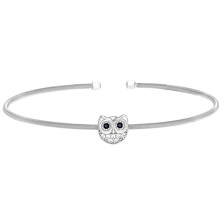 women’s beaded bracelets-Rhodium Finish Sterling Silver Cable Cuff Owl Bracelet with Simulated Diamonds