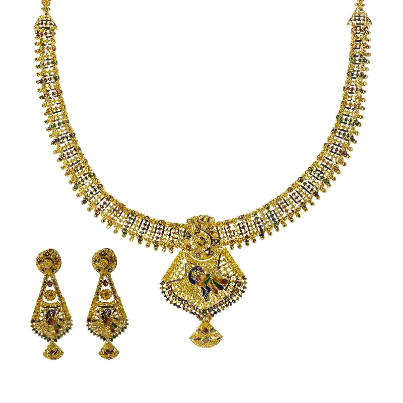 women’s bar necklaces-22K Yellow Gold Meenakari Necklace Set W/ Abstract Peacock Pendants