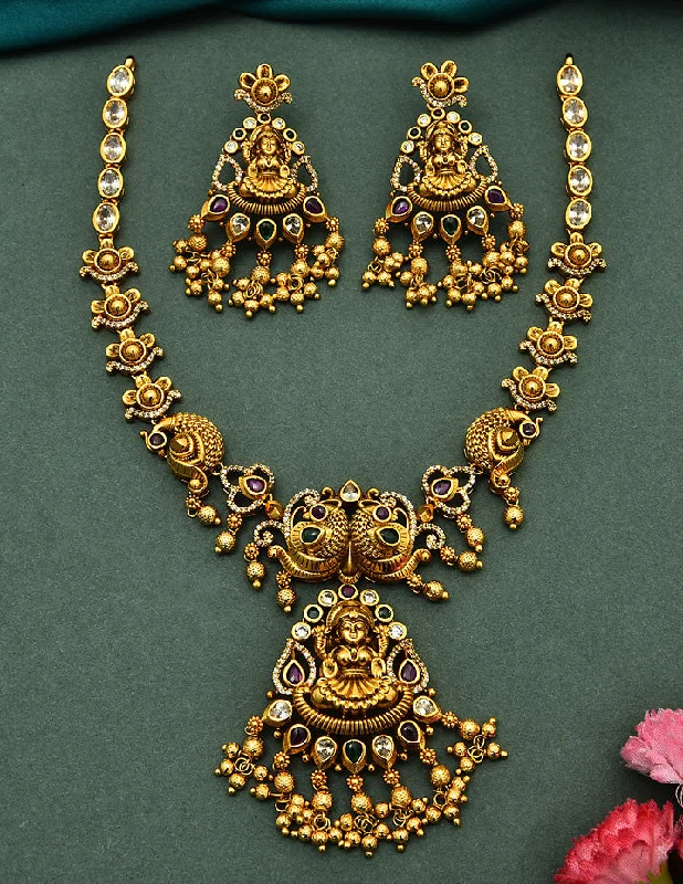 women’s casual necklaces-Designer Matt Lakshmi Devi Peacock Necklace Set With Gold Balls