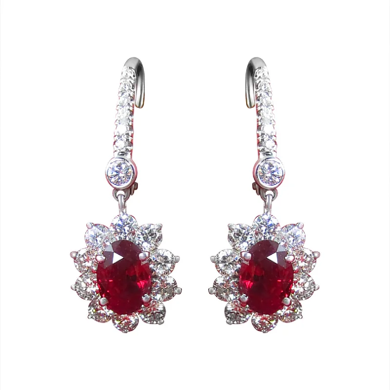 women’s geometric earrings-Platinum Ruby and Diamond Halo Drop Earrings