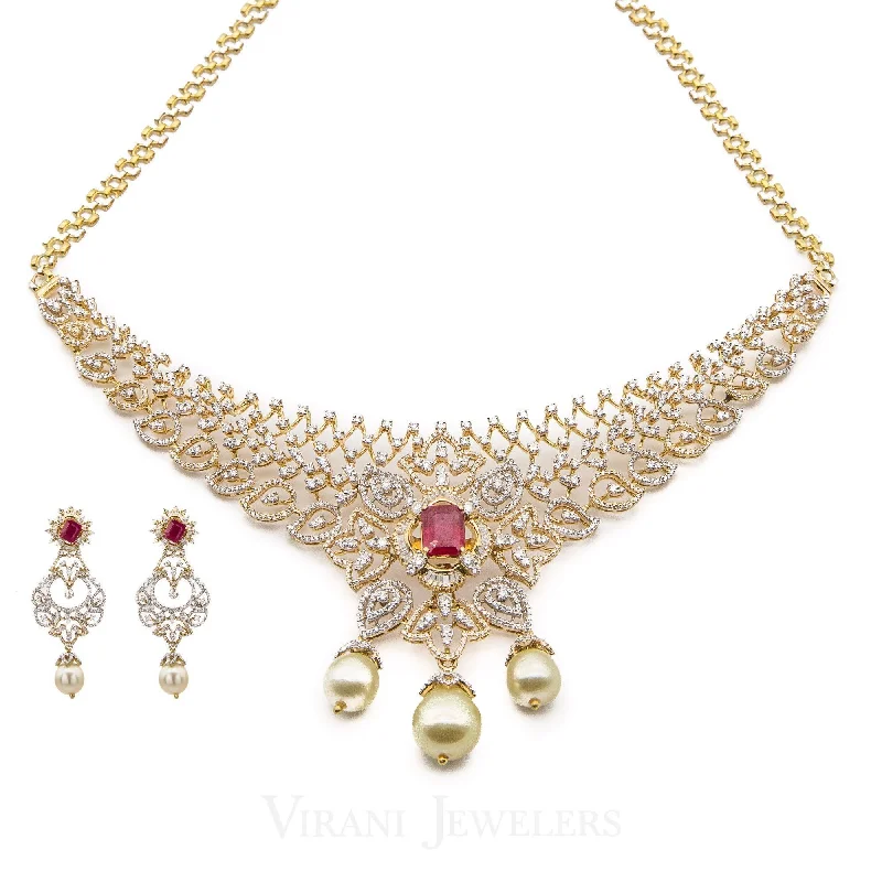 women’s birthday necklaces-18K Yellow Gold Diamond Bridal Necklace & Earrings Set W/ 8.17ct Diamonds, Rubies & Pearls