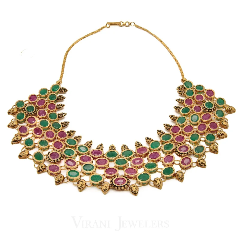 women’s classic necklaces-Emerald & Ruby Statement Necklace and Earrings Set in 22K Yellow Gold