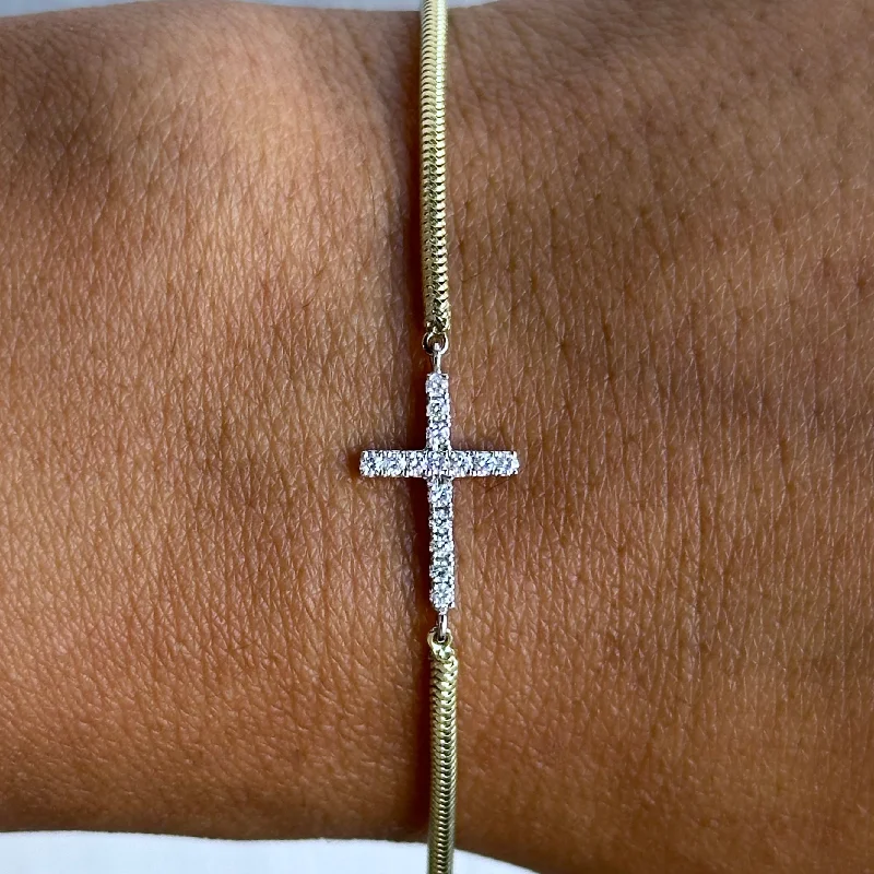 women’s diamond bracelets-14KT Yellow Gold Bracelet with 14KT White Gold Cross & 0.15ct Diamond – Elegant Religious Jewelry